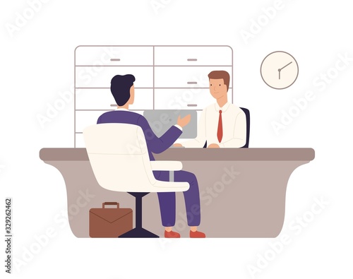 Businessman in suit client of bank sitting and talking with manager at credit department isolated on white. Smiling man payment office worker providing services to customer vector flat illustration
