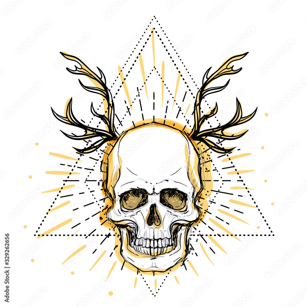 Human skull over sacred geometry symbol. Demon, fairy tale character. Mystical circle. Esoteric. Monochrome drawing isolated on white. Vector illustration. Poster, t-shirt print design. Human skull over sacred geometry symbol. Demon, fairy tale character. Mystical circle. Esoteric. Monochrome drawing isolated on white. Vector illustration. Poster, t-shirt print design.