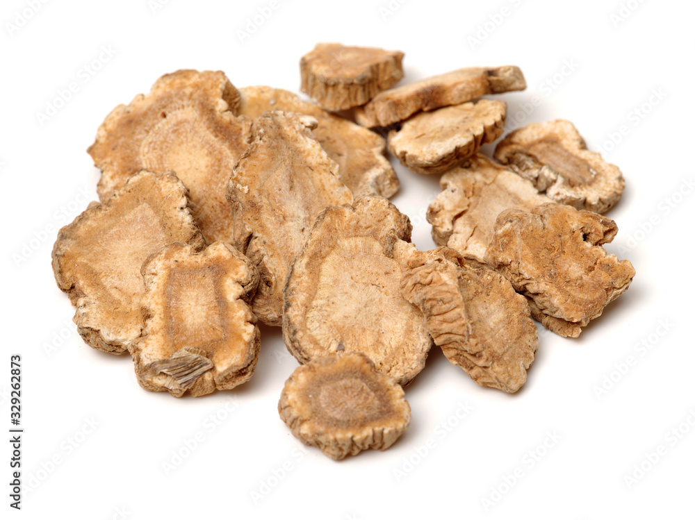 The root of angelica dahurica used in traditional Chinese medicine, on a white background The root of angelica dahurica used in traditional Chinese medicine, on a white background