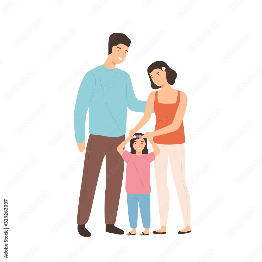 Fototapeta premium Smiling cartoon family mother, father and daughter isolated on white background. Happy young people hugging standing together vector flat illustration. Laughing man and woman enjoy parenthood