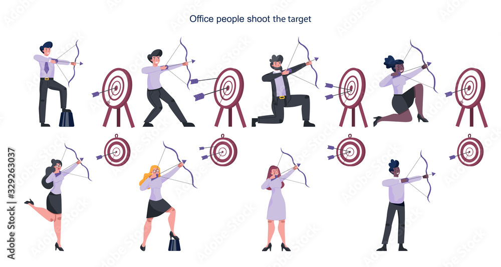 Business people aiming in target and shooting with arrow set.