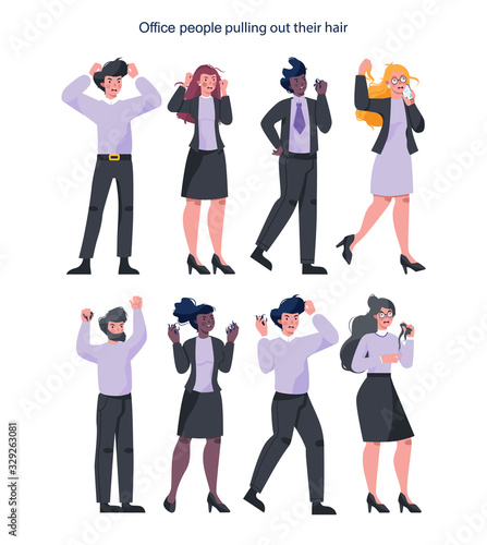 Stressed business people pulling out their own hair.