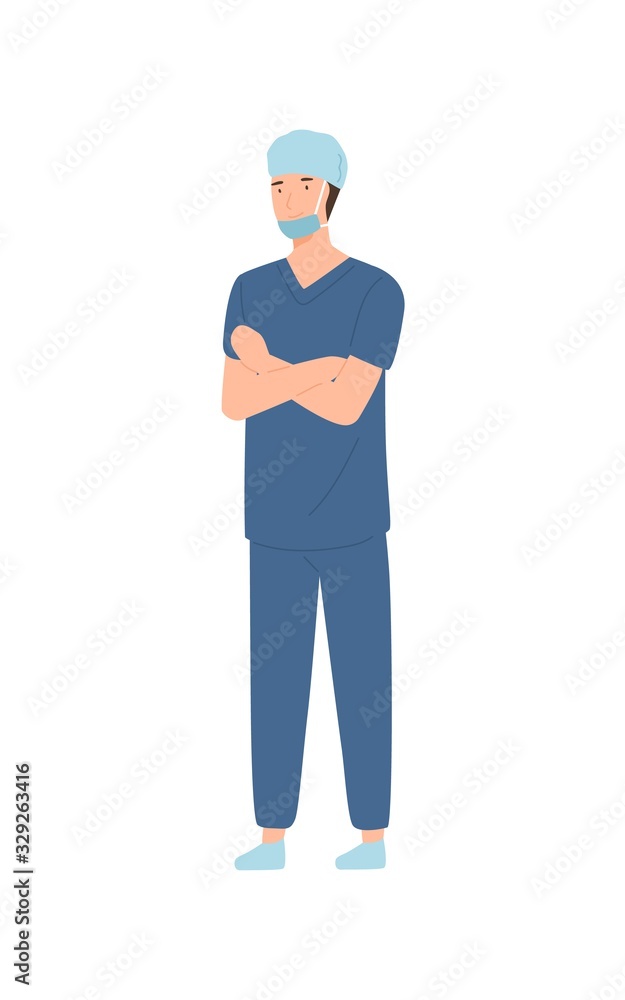 Professional male surgeon wearing safety mask and hat isolated on white background. Smiling man doctor in protective uniform standing vector flat illustration. Medical staff specialist