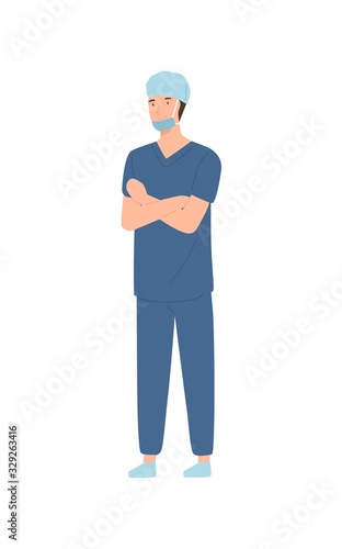 Professional male surgeon wearing safety mask and hat isolated on white background. Smiling man doctor in protective uniform standing vector flat illustration. Medical staff specialist