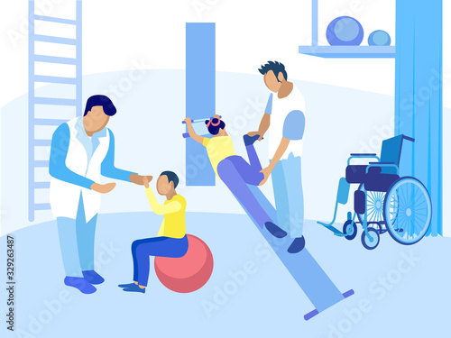 Children Rehabilitation Treatment and Physiotherapy. Disorders Elimination Musculoskeletal System in Functioning, Back Injury. Doctors Training Kids on Fitball, Gymnastic Bench. Vector Illustration
