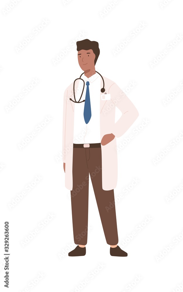 Friendly cartoon black male doctor in white coat standing isolated on white background. Positive man professional physician in stethoscope vector flat illustration. Medical staff in uniform Friendly cartoon black male doctor in white coat standing isolated on white background. Positive man professional physician in stethoscope vector flat illustration. Medical staff in uniform