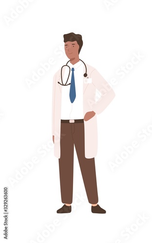 Friendly cartoon black male doctor in white coat standing isolated on white background. Positive man professional physician in stethoscope vector flat illustration. Medical staff in uniform