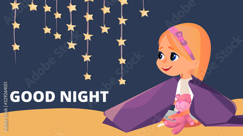 Good Night Banner. Cartoon Girl in Pajamas with Teddy Bear Sit in Blanket Vector Illustration. Cute Kid in Sleepwear in Bed. Child Pyjamas Party Sleepover. Bedroom Nursery. Sleepwear Clothes