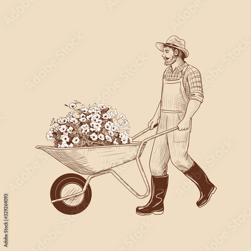 .Gardener with a wheelbarrow and flowers seedlings. Vintage vector illustration. Ink drawing in retro style.