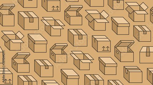 Delivery box background, cargo package seamless pattern. Various open and closed cardboard boxes, parcel flat line icons. Warehouse, storage vector illustration brown color
