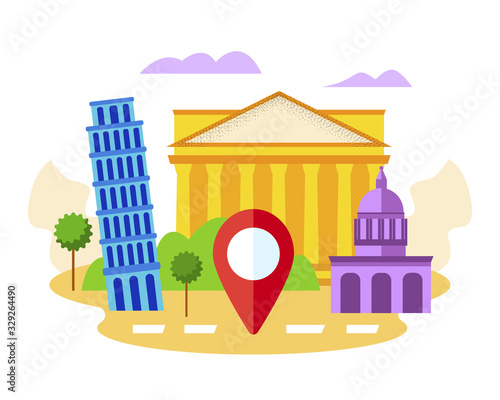 Italy Famous Show Places, See Sights with Gps Mark. Pisa Tower, Segesta, Florence Cathedral Architecture. Traveling, Trip Visiting Foreign Country Historical Buildings Cartoon Flat Vector Illustration