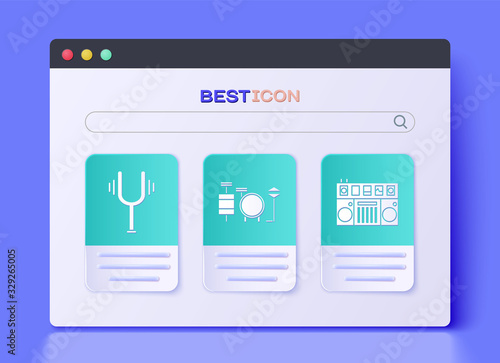 Set Drums, Musical tuning fork and DJ remote for playing and mixing music icon. Vector