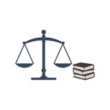 Law code books, justice scales and books icon isolated on white background