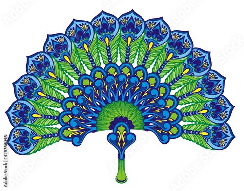 Hand fan made using peacock feathers 