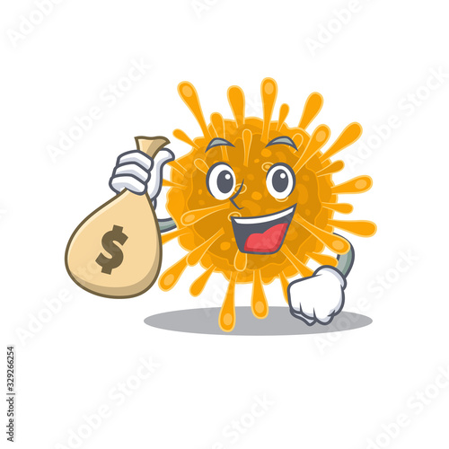 Smiley rich coronaviruses cartoon character bring money bags
