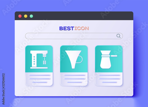 Set Funnel or filter, Electric mixer and Coffee turk icon. Vector