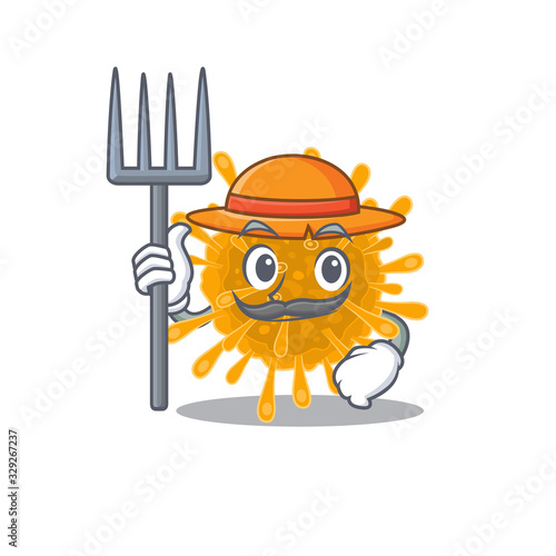 Coronaviruses in Farmer cartoon character with hat and pitchfork