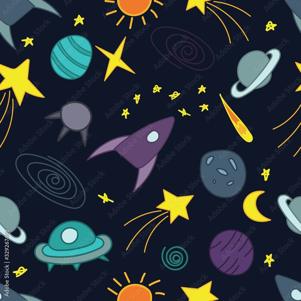 vector seamless pattern, space for children in doodle style on a blue background vector seamless pattern, space for children in doodle style on a blue background