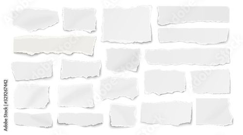 Set of paper different shapes ripped scraps, fragments, wisps isolated on white background
