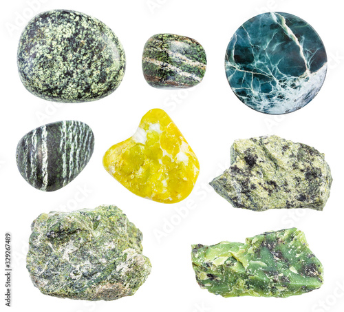 set of various serpentine and serpentinite stones