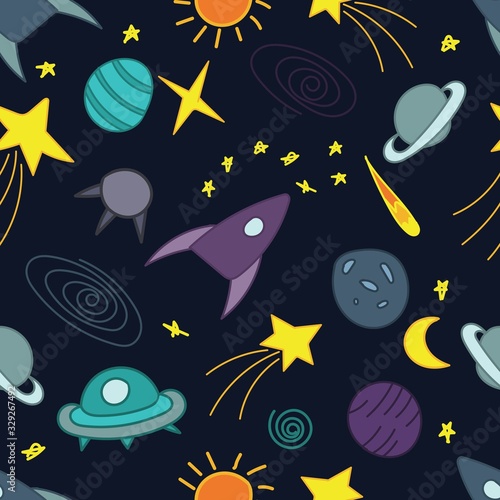 vector seamless pattern, space for children in doodle style on a blue background © pechenka_123
