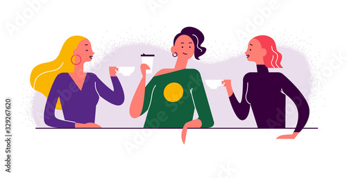 Young stylish ladies drinking coffee at table, taking coffee to go, talking to each other, communicating and laughing. Flat vector illustration concept in trendy colours for banner, ui.