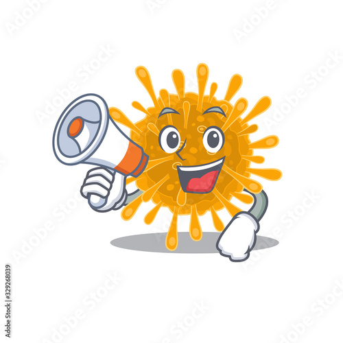 An icon of coronaviruses holding a megaphone