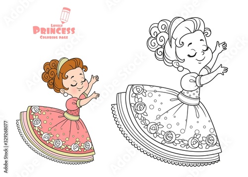 Cute princess dancing outlined and color for coloring book