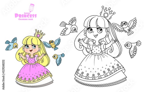 Cute princess in a pink dress sings for birds outlined and color for coloring book
