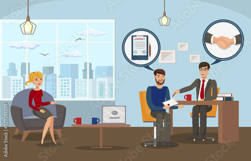 Business Deal Conclusion Flat Vector Illustration. Businessman, Secretary and Client Cartoon Characters. Banking Service, Money Loan. Employment Contract Signing Process. Paperwork, Legal Formalities