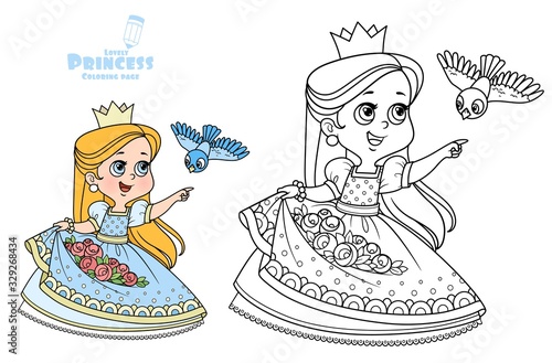 Cute princess with roses flowers in the hem and bird flying to the meeting outlined and color for coloring book