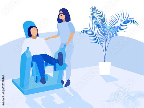 Doctor Controlling Patient Working on Gym Machine. Women with Trauma and Leg Problem Training in Physiotherapeutic Room. Physiotherapy and Rehabilitation. Human Mobility Return. Vector Illustration