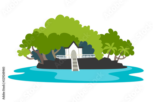 Tropical island with exotic resort vector illustration. Asian island with palm tree around the sea/ocean. Travel and holiday concept. Sri Lankalandscape cartoon flat card, isolated on white background
