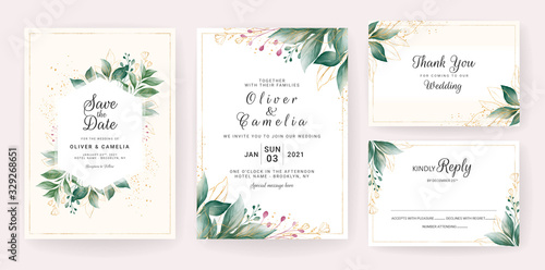 Wedding invitation card template set with watercolor floral arrangements and border. Flowers decoration for save the date, greeting, rsvp, thank you, poster, cover, etc. Botanic illustration vector