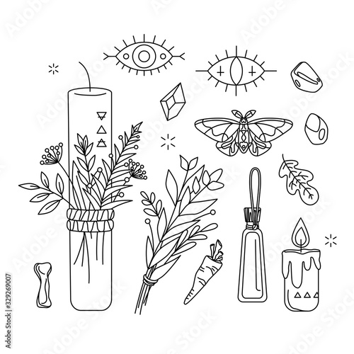 Set of pagan, occult and esoteric symbols. Isolated collection about shamanism, herbal medicine healer, Wicca. Linear mystical items - candles, herbs, moth, evil eyes in hand drawn style