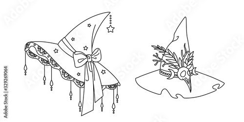 Isolated vector illustration of witch hats. Good witch cute headwear - lace, pendants, stars. Hag worn cap - bird skull, branches, crescent. Halloween idea, concept for badges, stickers and print