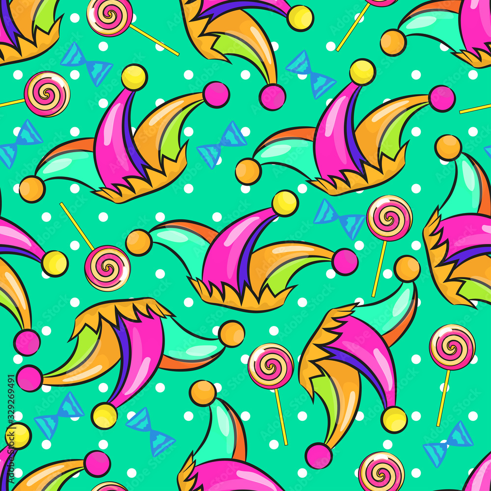 Seamless pattern. Ornament, greeting card suitable for birthday, April 1st-fool's Day, humorous party, circus, children's clothing, paper, packaging.