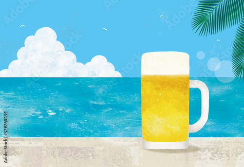 海とビールジョッキ水彩