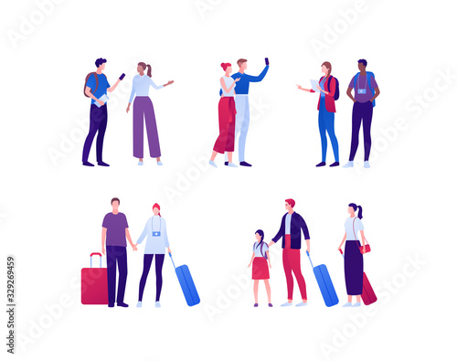 Travel person collection. Tourist people with baggage concept. Vector flat illustration. Group of multienthic men and women with phone, camera and guide. Design element for banner, background, sketch.