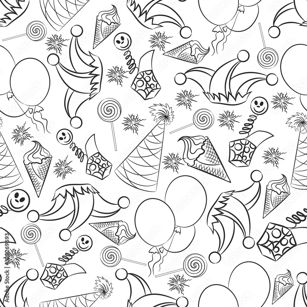 Obraz premium Seamless black and white background. Template, ornament, greeting card suitable for birthday, April 1st-fool's Day, humorous party, circus, children's clothing, paper, packaging, websites.