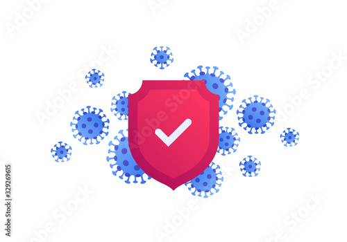 Virus epidemic concept. Vector modern flat illustration. Coronavirus symbols and red shield with check mark isolated on white background. Design element for medicine banner, infographic, web, poster.