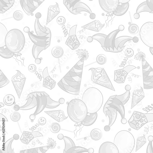 Seamless black and white background. Template, ornament, greeting card suitable for birthday, April 1st-fool's Day, humorous party, circus, children's clothing, paper, packaging, websites.