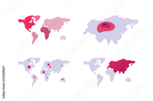 World map ui and infographic element. Set of planet earth continent maps. Pin dot location mark. Heat map. Design for presentation, web, banner.