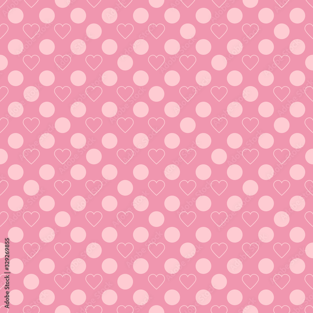 Abstract background texture. Dot and heart shape seamless pattern. Vector illustration polka style, minimalism wallpaper, flyer, cover, design. Bubble circle geometric ornament, decorative element