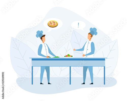 Two Faceless Chef Cook in Uniform Discussing Pizza Recipe Cartoon. Male Master-Chief Character Cutting Vegetables on Table. Man Colleague Showing Thumbs-up Supporting Idea. Vector Flat Illustration