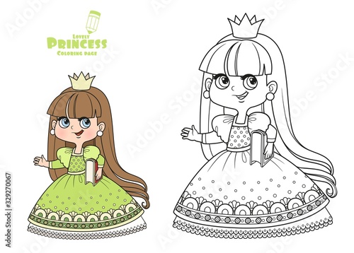 Cute princess in green dress hold a book under her arm outlined and color for coloring book