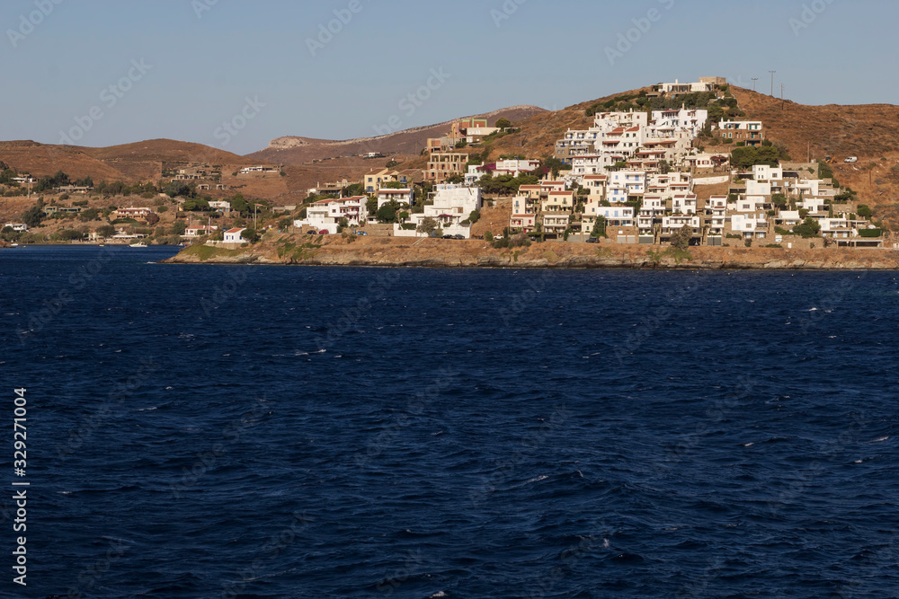 High angle wide view of traditional settlement in Cyclades Island Kea, Greece