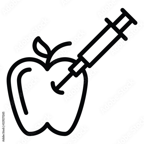 Syringe injecting apple. GMO and laboratory studies concept, Bioengineered foods Vector Icon Concept Design