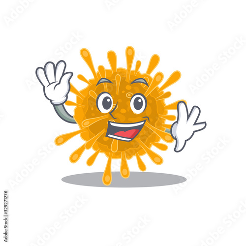 Smiley coronaviruses cartoon mascot design with waving hand