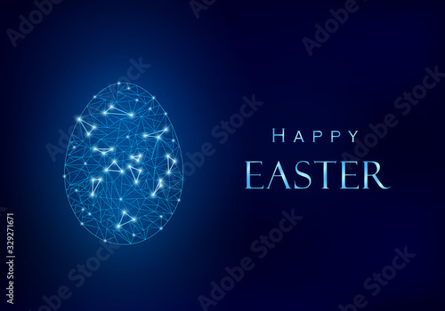 Blue Happy Easter design. Egg from polygonal mesh with light points. Next to it shiny metallic effect greeting text.